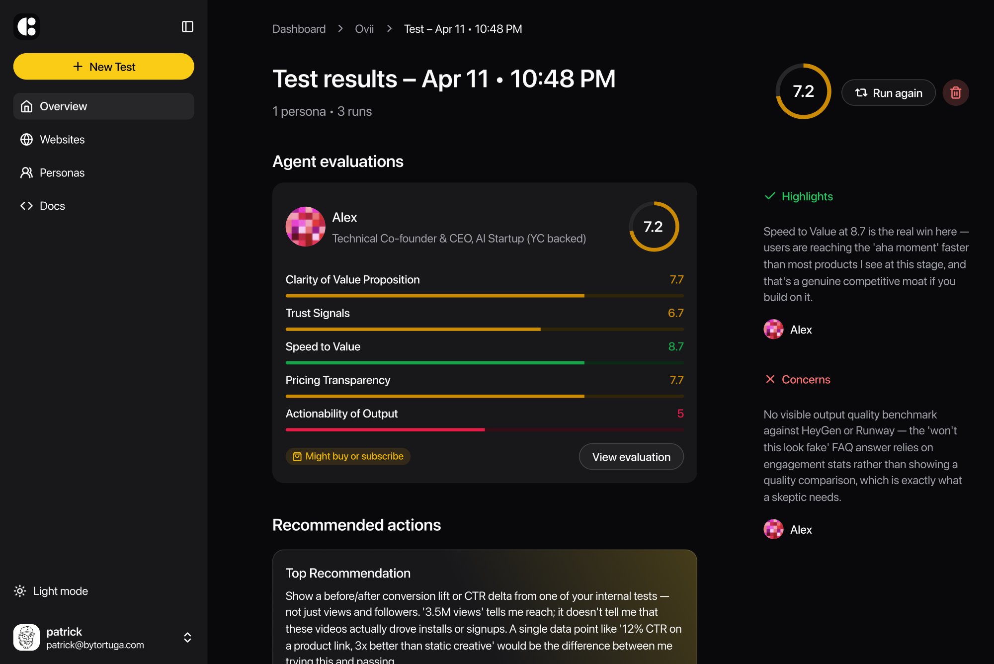 A Crew report featuring an evaluation from Alex — Technical Co-founder & CEO, AI Startup (YC backed) with a pixelated pink avatar and a 7.2 score ring. Below are five criteria bars for Clarity of Value Prop, Trust Signals, Speed to Value, Pricing Transparency, Actionability of Output