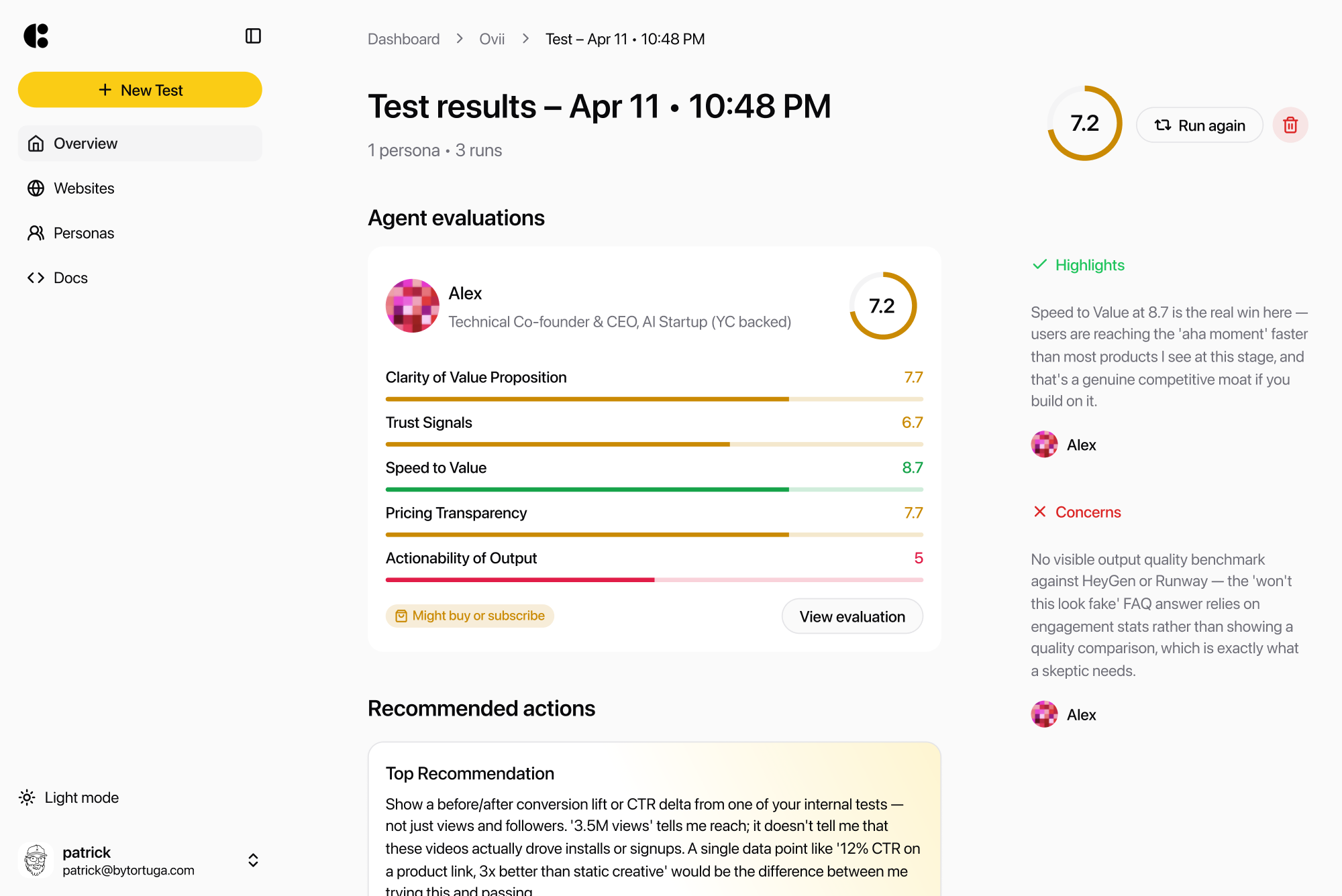 A Crew report featuring an evaluation from Alex — Technical Co-founder & CEO, AI Startup (YC backed) with a pixelated pink avatar and a 7.2 score ring. Below are five criteria bars for Clarity of Value Prop, Trust Signals, Speed to Value, Pricing Transparency, Actionability of Output